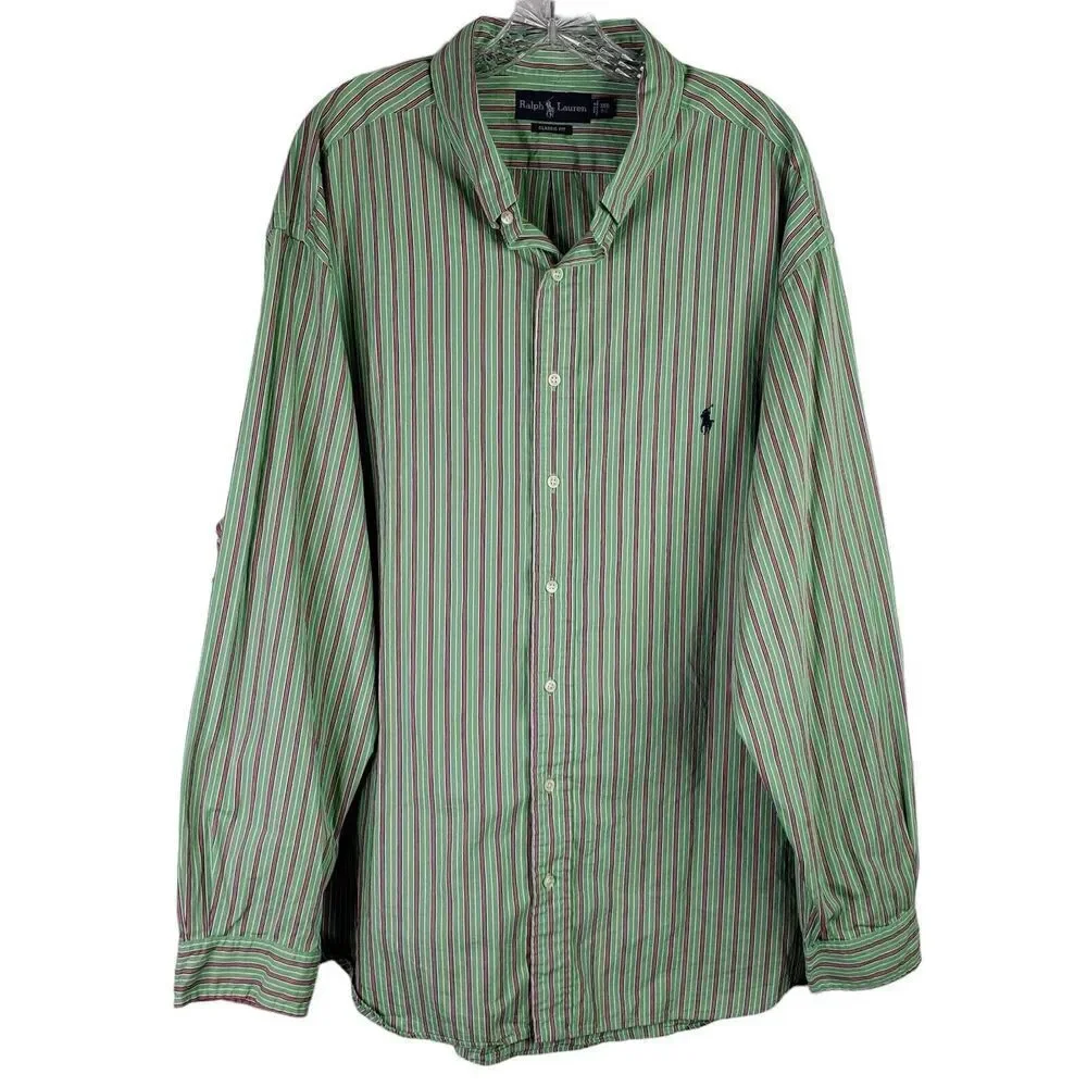Polo Ralph Lauren Shirt Oxford Button Down Mens 3XB Green Stripe LS